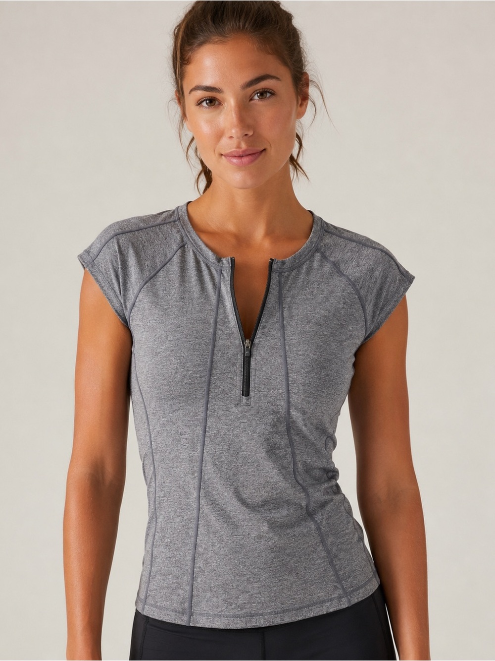 Athleta Pacifica UPF Heather Half Zip Cap Sleeve Top Shirt Gray Large Running